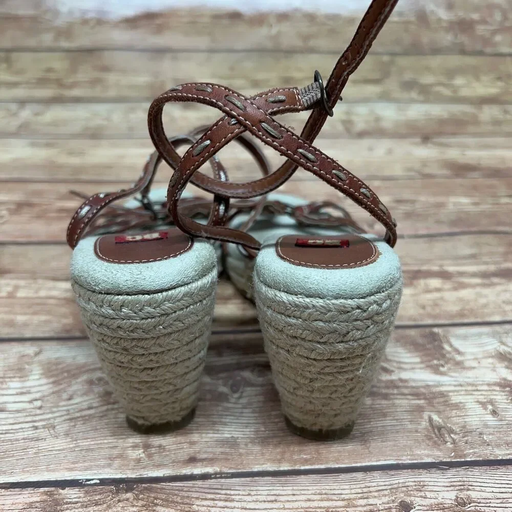 BC‎ Footwear Brown Beige Ankle Strap Espadrille Leather Wedge Sandals Size 6